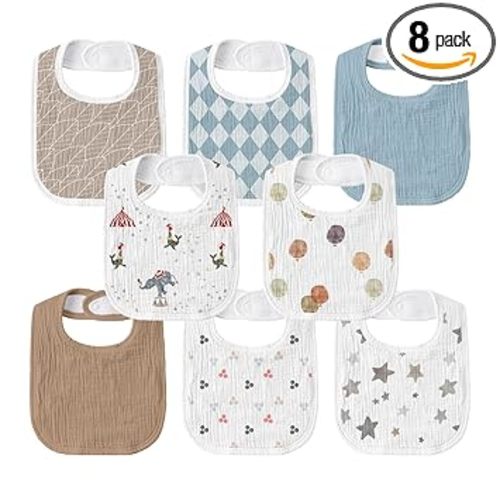 GLLQUEN BABY Muslin Drool Bibs for Boys Girls 8 Pack, Adjustable Baby Bibs for Drooling and Teething, Soft Cotton Baby Bandana Bib for Newborn Feeding Essentials (Circus)