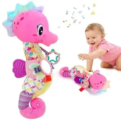 Baby Girl Toys 0-6 Months Musical Seahorse Stuffed Animal Tummy Time Toys Infant 3-6 6-12 Months with Baby Mirror Sensory Newborn Crinkle Developmental Toy Birthday Shower Gifts 0-3 4 5 6 Month