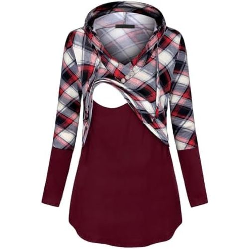 Quinee Women's Long Sleeve Plaid Colorblock Nursing Pullover Hoodie Sweatshirts