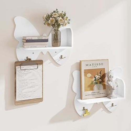 Curipeer Butterfly Shaped 2 Tier Wall Shelves with Hooks, Small Floating Shelves, Cute Butterfly Wall Decor, Nursery Book Shelves for Bedroom, Living Room, Bathroom, Entry, White