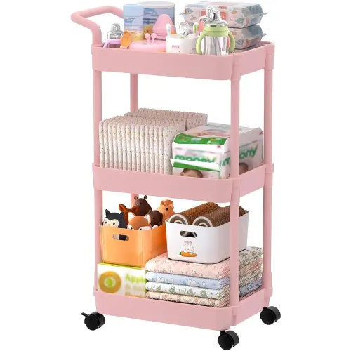 Volnamal Diaper Caddy - Plastic Diaper Organizer for Nursery Essentials, Baby Organizers and Storage, Movable Cart for Changing Table & Crib, Baby Registry Search, Pink