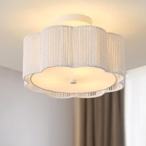 Rattan Ceiling Light Fixtures Flush Mount,3-Light Boho Light Fixtures Ceiling Mount for Bedroom,Close to Ceiling Light Modern Rattan Chandelier Lighting for Hallway Kitchen Dining Room(White)