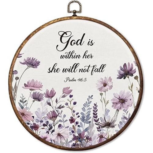 HUGANE Purple Floral Christian Round Wall Art Decor, God Is Within Her She Will Not Fall Bible Verse Hanging Canvas Framed Prints Wall Sculptures for Church Home Bedroom Office Decor, 10x10 Inch