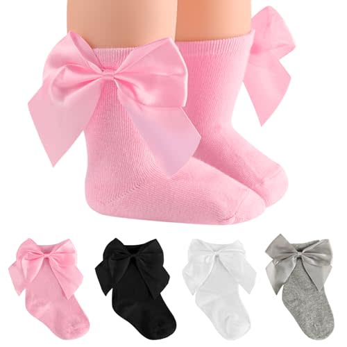 SAOROPEB 4 Pairs Baby Socks with Non-Slip Grips, Low Cut Ankle Socks for Baby Girls Newborn Infant 0-12 Months (Bow)