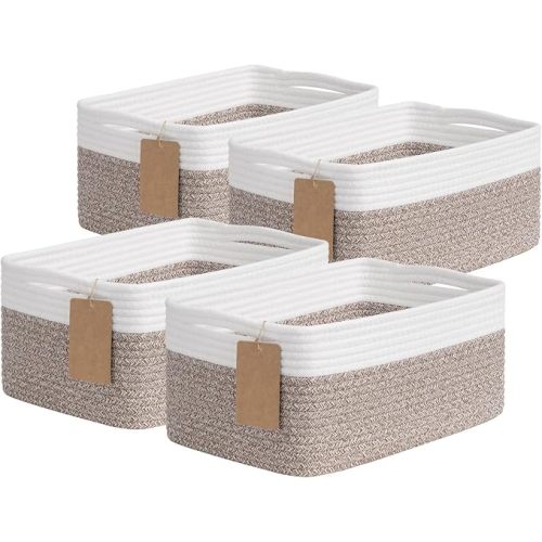 Goodpick 4 Pack Storage Baskets for Organizing Shelves, Light Brown & White