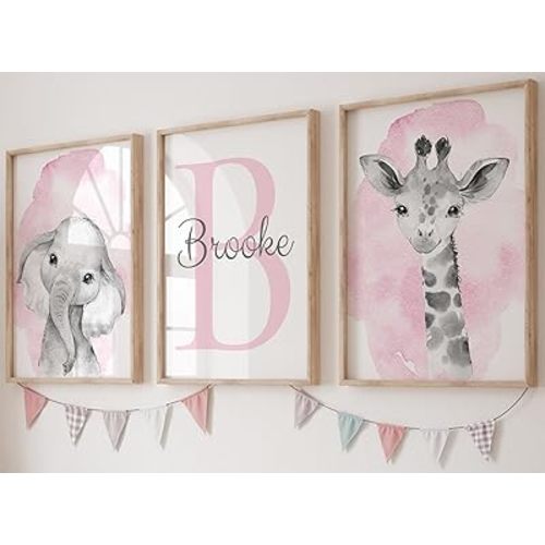 Safari Animals Set of 3 Unframed Poster Prints for Baby Girls Nursery Bedroom Playroom, Personalized Name, Choice of 12 Animals, Pink Purple (8x10)