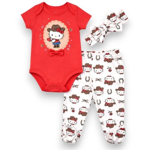 Hello Kitty Baby Girls' 3-Piece Bodysuit, Footed Pants and Headband Set, Red Coral/Cowgirl, 3 Months