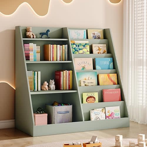 Tatub 6 Tier Kids Wooden Bookshelf and Toy Storage, Children Toy Organizer with Upgraded Book Shelves, Toddler BookRack Baby Bookcase for Nursery, Playroom and Classroom, Sage Green
