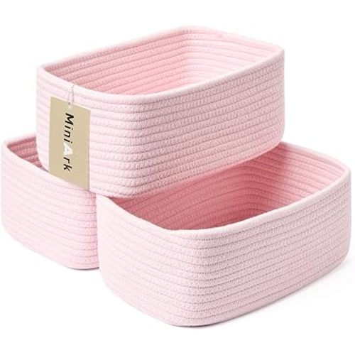 MiniArk Small Storage Baskets for Organizing | Closet Organizer Bins | Shelf Toy Basket | Woven Rope Baskets | Cube Decorative Box | Shallow Basket | 11.5x7.5x4.7” | 3 Packs Light Pink