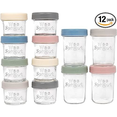 WeeSprout Glass Baby Food Storage Jars - 12 Set, 4 oz/8 oz Baby Food Jars, Plastic Lids, Freezer Storage, Reusable Small Glass Baby Food Containers, Microwave & Dishwasher Safe, for Infant & Baby Food - Matte Variety - 4 oz & 8 oz (Plastic Lids + Embossed