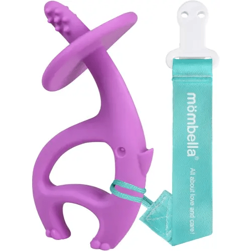 Mombella Baby Teething Toys for Babies 3 6 12 Months with Attachment to Clip on, Soft Silicone Teether Toys, 2 in 1 Elephant Teethers & Pre-Training Toothbrush, 9 Month Old Infant Chew Toys, Purple