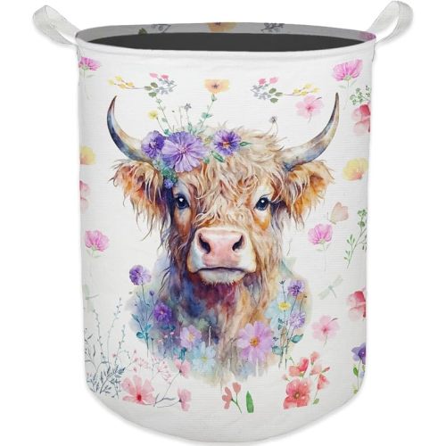 Floral Highland Cow Laundry Basket, Toybox for Girls Room, Gifts for Cow Lovers Women Laundry Hamper Waterproof Collapsible Storage Bin Organizer for Bedroom Bathroom Girls Room Dorm