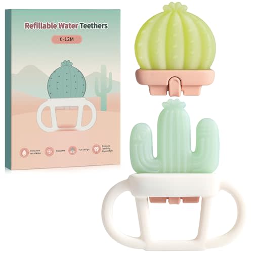 2 Pcs Baby Teether Toy - Water Fillable Teething Relief for Infants 0-12 Months, Silicone Baby Teething Toys Chill Teether, Cools & Massages Sore Gums (Green Cactus)