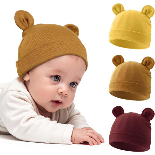 3 Pcs Cotton Newborn Hats for Unisex, Bear Ears Baby Girl Boy Beanie Hat for Newborn, Infant, Toddler Cap