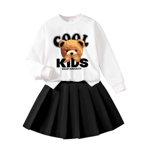 Nivne Tco Toddler Girl Set - Bear Print Crew Neck Sweatshirt and Pleated Skirt - Girls Skirt Outfit (3-7 T)