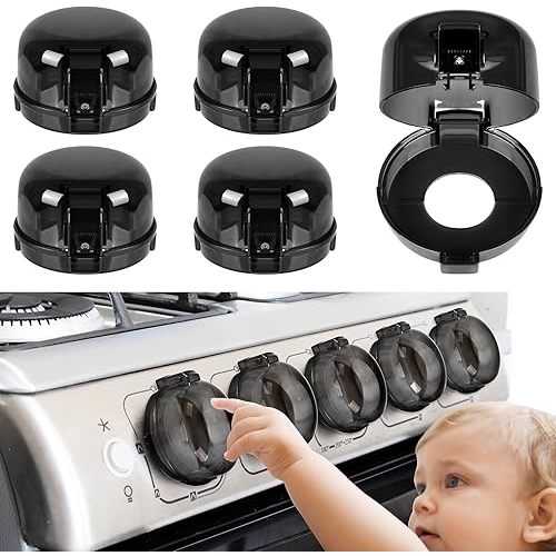 5-Pack Stove Knob Covers for Child Safety - Universal Size Gas Stove Knob Covers with Adhesive, Heat-Resistant Baby Proof Stove Knob Covers, Dual-Key Oven Knob Covers for Child Safety and Pet (Black)