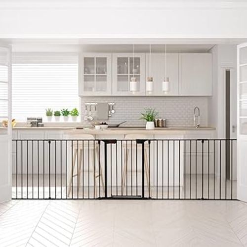 Costzon Baby Safety Gate, 121 Inch Length 5 Panel Adjustable Wide Fireplace Fence, BBQ Metal Fire Screen Gate, Pet Isolation Fence with Walk-Through Door, Freestanding Pets Gate (Black, 5-Panel)