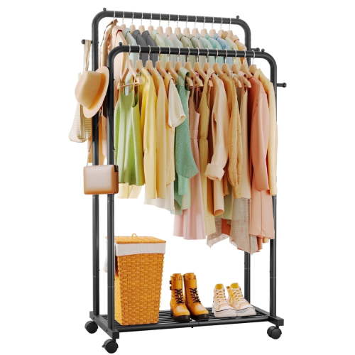 Sakugi Clothes Rack, Double-Rod Garment Rack with Hooks & Mesh Shlef, Versatile Clothing Racks for Hanging Clothes, Hats, Bags, Portable Hanger for Bedroom, Laundry, 32.7"×16"×59.1", Black