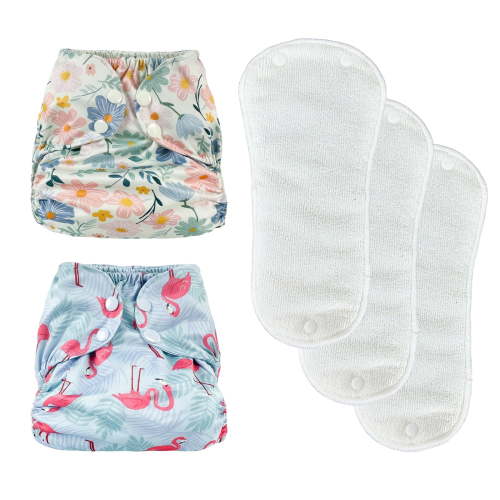 BISENKID 2 Pack Waterproof Cloth Diaper Cover Reusable Plastic Diaper Cover - Adjustable Outer Shell with 3 Pack Absorbent to Prevent Urine Blowouts for Baby Girl, Size 1 (7-17Pound)