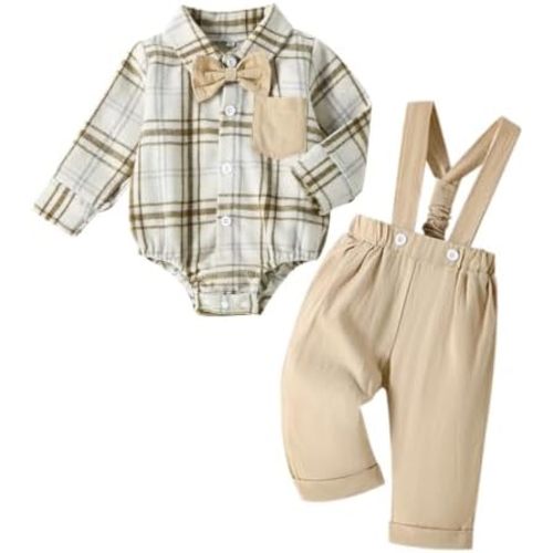 Baby Boy Clothes Suits Plaid Romper Suspender Pants Set with Bowtie