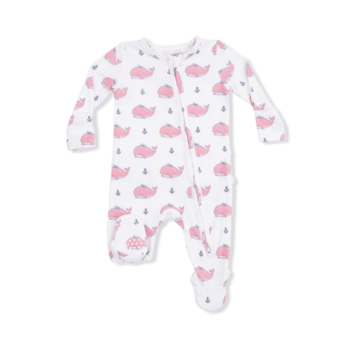 Bubbly Whale with Bow  Pink - 2 Way Ruffle Back Zipper Footie