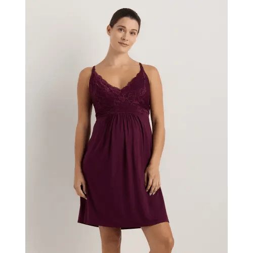 Bamboo Jersey Lace Detail Maternity & Nursing Nightgown in Wine Tasting Red, Size XL