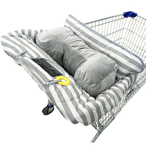 Suessie Shopping Cart Cover and High Chair Cover with Bolster Support Pillow, Gray and White Stripe with Cushion