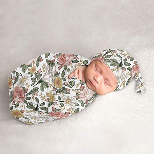 Sweet Jojo Designs Vintage Floral Boho Baby Girl Cocoon and Beanie Hat 2pc Set Jersey Stretch Knit Sleeping Bag for Infant Newborn Nursery Sleep Wrap Sack - Pink Green Shabby Chic Flower Farmhouse