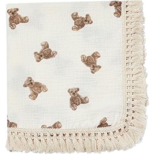 Cotton Muslin Baby Blanket with Tassel, Boho Bohemian Muslin Swaddle Blanket Baby Receiving Blanket with Fringe, Nursery Decor Throw or Nursing Blankets, 47" x40”, Little Bear