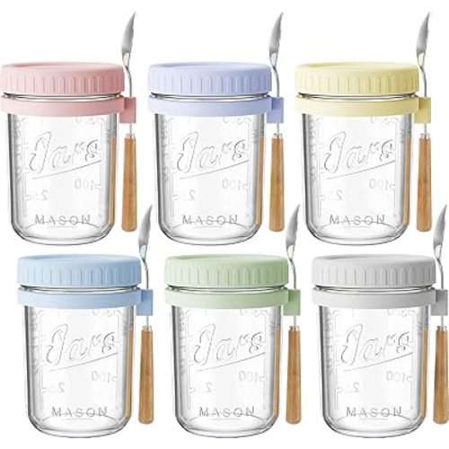 HomArtist 16oz Overnight Oats Containers with Lids and Spoons, 6 Pack Wide Mouth Mason Jars with Airtight Lids, Overnight Oats Jars for Salad, Chia Seed, Cereal, Yogurt