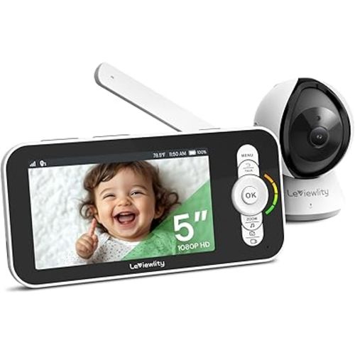 Video Baby Monitor with Camera No Wifi, 5" 1080P HD Screen with 5000mAh 30Hr Battery & 1100ft Range, 8X Zoom, Infrared Night Vision, VOX, 2-Way Audio, Photo & Video Record for Crib, Nursery