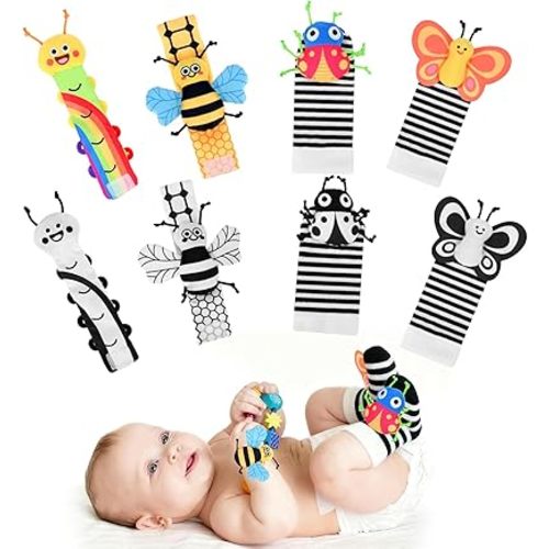 Baby Wrist Rattle & Foot Finder Set, Black - White + Colorful Bug Design, Sensory Toys for 0-12 Months Newborn, Brain Development Infant Rattles, Ideal Baby Shower Gifts