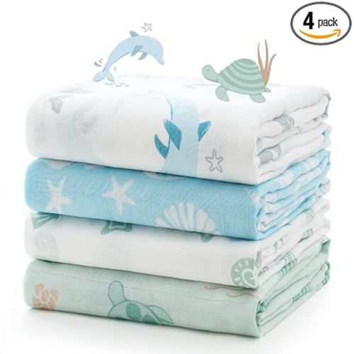 Momcozy Muslin Swaddle Blankets, 4-Pack Breathable and Skin-Friendly Receiving Blankets, Best Wishes Swaddle Blanket Shower Gifts & Baby Registry Essentials, Large 47"x47", Ocean Pixie Dream