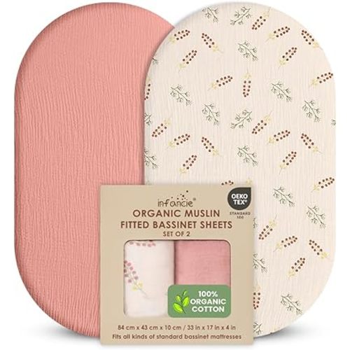 100% Organic Cotton Muslin Baby Bassinet Baby Sheet 33 X 17 Inch Soft Breathable Lightweight Stretchable Bed Sheet 2 Pack Gentle On Skin Durable Snug Fit Sheet for Newborn Bassinet Mattress