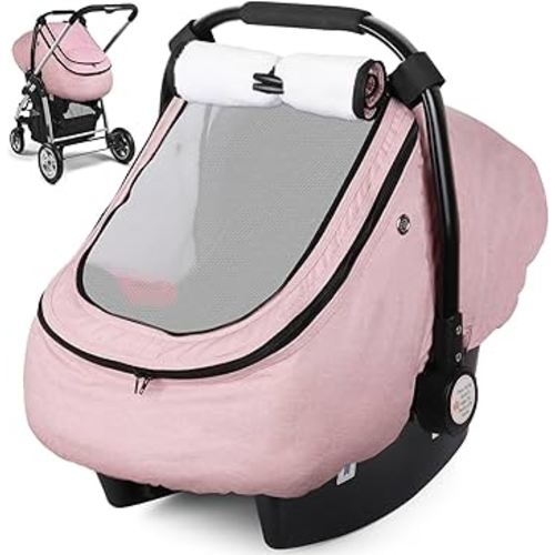 Rquite Car Seat Cover Baby, Carseat Covers Boy Girl, 2 Layers Window -Breathable Mesh & Wind/Sun Shade, Infant Car Seat Canopy Baby Carrier/Stroller Cover, Fit Spring, Fall, Winter, Cold Weather