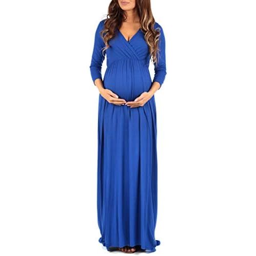Mother Bee Maternity V-Neck 3/4 Sleeve Ruched Waist Dress
