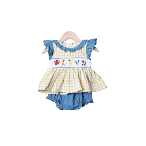 Smocked Lion Friends Blue Stone Yellow Seersucker Bloomer Set