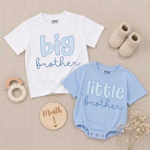 Personalized Blue Gingham Big Brother Little Brother Shirts, Gingham Big Bro Lil Bro Tee, Brother Matching T-shirts, Brother Sibling Outfit
