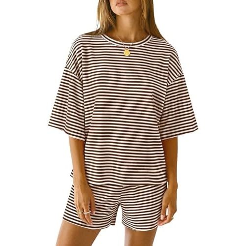 LOMON Two Piece Sets for Women Summer 3/4 Sleeve Tops and Elastic Waist Shorts Pajamas Cute Comfy Soft Lounge Striped Pjs