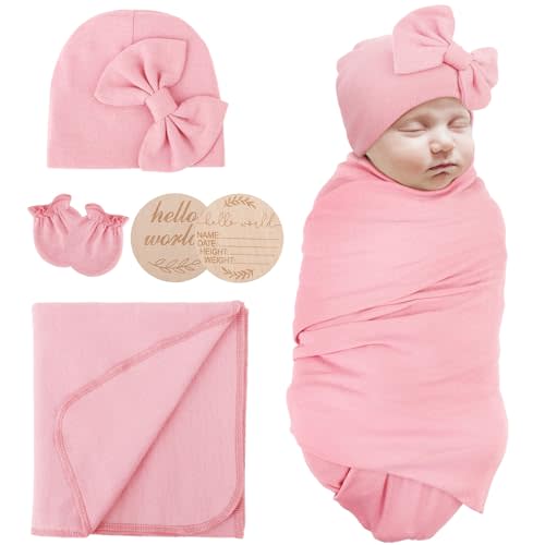 AQOKKA Newborn Receiving Blanket with Bow Hat Mittens Wooden Card Set Newborns Toddler Baby Boy Girl Nursery Swaddle Wrap