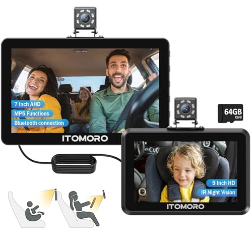 Itomoro Baby Car Camera, 5"+7" 1080P Dual Screen Car Baby Camera with Two-Way Video, Music & Video Play Supported, Night Vision & 150° Wide View Baby Monitor for Car Backseat with 64GB Storage-ACZ419