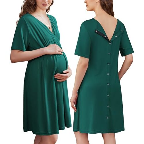 Ekouaer Labor and Delivery Gown for Hospital Short Sleeve Maternity Nursing Dress Nightgown with Button S-XXL