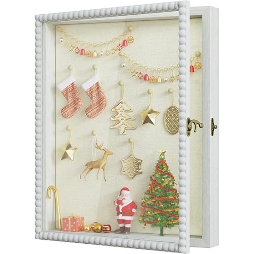 Love-KANKEI Shadow Box Frame 13x16, Deep Large Shadow Box Display Case with Unique Beads Door and Glass Window, Wood Memory Box for Pictures,Medals,Memorabilia,Collections White