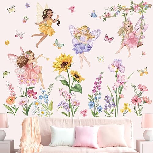 wondever Fairy Flower Wall Stickers Elves Wildflower Sunflower Peel and Stick Wall Art Decals for Girls Bedroom Kids Room Baby Nursery