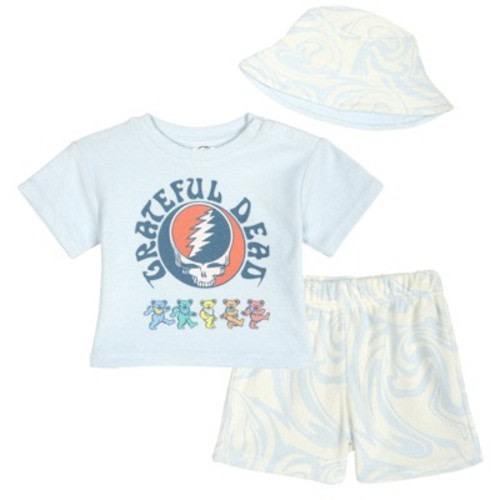 Grateful Dead Bands Baby Boys' Short Sleeve Graphic Tee Pull-On Shorts and Reversible Sun Hat Outfit Sky Blue 6-9 Months