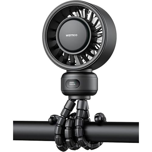 Warmco Portable Baby Stroller Fan, 4000mAh Rechargeable Clip-On Tripod Fan (Up to 15H), 4 Speeds, LED Display, Detachable Front Cover, Quiet Operation, for Car Seat, Crib & Treadmill