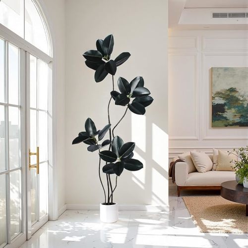 Artificial Rubber Tree 5FT Tall Faux Plants Indoor Artificial Trees Potted - Fake Tree with White Planter Large Floor Plant for Home Office Room Outdoor Decor
