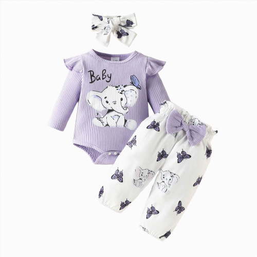 ORT Newborn Baby Girl Clothes Fall Winter Outfits Pants Set with Headband for Infant Girls 0 3 6 9 12 18 Months(Purple,3-6 M)