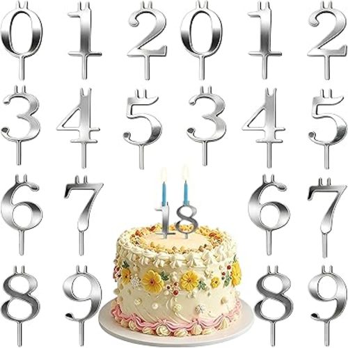 20PCS Reusable Number Birthday Candle Holder Set, Adjustable Metal Candle Stand for Cake, Digital Cake Topper for Birthday, Wedding, Anniversary Party Decorations, Silver
