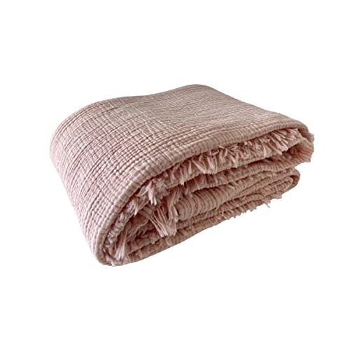 Muslin Blanket 100% Cotton, 4 Layers Bedspread, Soft Turkish Cotton Muslin Bed Cover, Reversible Coverlet, Light Pink (Throw 40x70 (120x180cm))